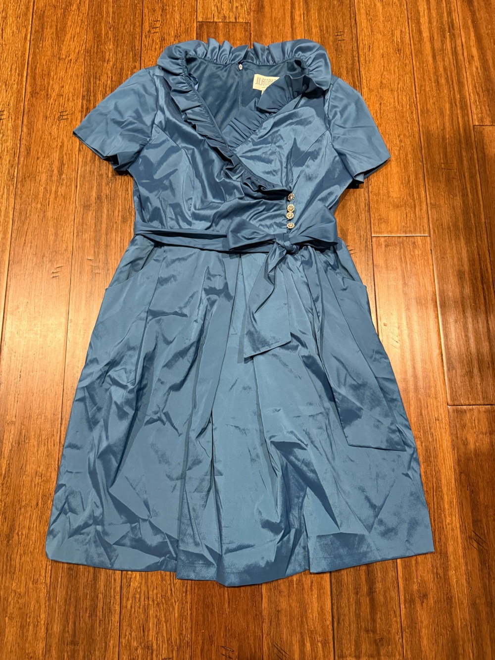 Julian Taylor Blue Ruffled Wrap Dress with Tie Waist